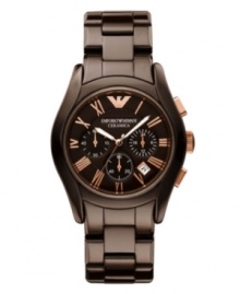 Guilty pleasure. Rich, dessert-worthy tones sweeten up this watch by Emporio Armani. Brown ceramic bracelet and round case. Brown chronograph dial features rose-gold tone Roman numerals, three subdials, date window, luminous hands and logo. Quartz movement. Water resistant to 30 meters. Two-year limited warranty.