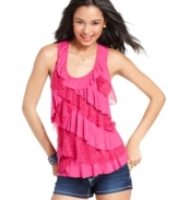 Slub-knit fabric and panels of crochet-knit form infinite ruffles on this adorable top from Eyeshadow!