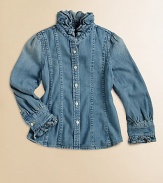 An easy, casual shirt of classic cotton denim is adorned with girlie ruffles and shaping seams for a tailored look.Ruffled stand collarLong puffed sleeves with ruffle-trimmed barrel cuffsButton-frontFront and back princess seamingCottonMachine washImported Please note: Number of buttons may vary depending on size ordered. 