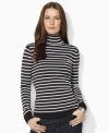 The ultimate in understated elegance, Lauren Ralph Lauren's chic petite turtleneck is crafted from soft combed cotton and accented with classic stripes.