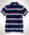 Designed for a comfortable, classic fit from breathable cotton mesh, a handsome short-sleeved polo shirt is finished with a preppy striped pattern.