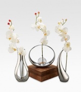 A graceful teardrop of softly shaped alloy curls around single flower stem, elevating that one bud into a stunning work of art. Includes silk orchid Metal alloy 12H X 3½ diam. Imported 