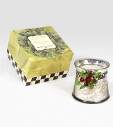 Delicately scented with notes of balsam fir, this hand-dipped candle in its mercury glass votive makes a festive hostess gift.Mercury glass vessel with beaded berry bracelet3 lbs.4Diam. x 3½ HGift boxedMade in USA and imported