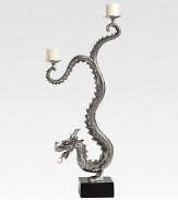 A stunning two-candle design featuring an exotic swirling dragon motif in hand-cast aluminum with hand-applied antiquing.8¾W X 22¼H X 4DBrass, aluminum and woodImported