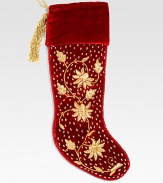 EXCLUSIVELY AT SAKS.COM. Ornate embroidery transforms this Christmas stocking in lush velvet, from renowned designer Sudha Pennathur. Handcrafted7½W X 21LVelvet with gold chintz embroidery and rayon cordDry cleanImported