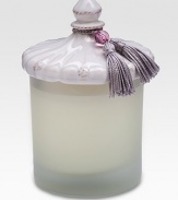 Floral notes of jasmine, gardenia, magnolia and honeysuckle are accented with a touch of rhubarb and black fig in a frosted glass jar. Ceramic stoneware lidWax candle15-hour burn time7.5 oz.5 highImported