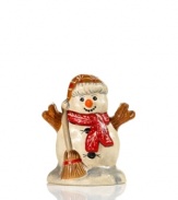 For Vaillancourt collector's alike, this cute snowman figurine has traditional stick hands, a stubby carrot nose and a red scarf to bring anyone back to childhood snow days. Handcrafted of pure chalkware.