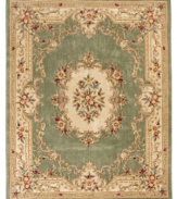 Modeled after 17th century Aubusson rugs, the Jade area rug offers a traditional floral motif in a contemporary sage and ivory colorway. Crafted of rich wool.
