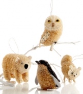 In from the cold. Crafted of natural buri, these snow-white creatures bring a bit of arctic cool to your Christmas tree. Featuring polar bear, snow owl, arctic fox and penguin ornaments, all from Martha Stewart Collection.