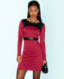 Tough-stuff faux-leather insets and a skin-baring back make Four Star's ponte-knit dress a five-star look! Tough-stuff faux-leather insets and a skin-baring back make Four Star's ponte-knit dress a five-star look!