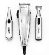 Make the cut in the comfort of your home. Packed with everything you need to trim, shape, groom and detail, this kit tackles the most precarious places on your face, from ears to nose to tricky contours of the head. With guide combs, styling clips, a barber cape & more, it's easy to look great every day. 5-year warranty on clipper; 2-year warranty on trimmer. Model HCT401.