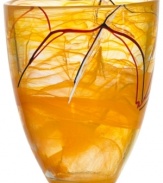With a fiery orange haze and hand-applied bands of eye-catching color, each Contrast vase is completely unique. A simple shape showcases each stroke and swirl with bold artistry. Designed by Anna Ehrner for Kosta Boda.