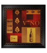 Salute! An homage to wine in rich shades of chestnut, burgundy and gold, this handsome art print feels right at home in the kitchen or dining room. Framed in dark wood with a scroll motif echoing the design.