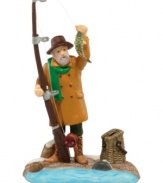 A fisherman gets a nibble just in time; a perfect figurine to coordinate with any country building from the Dickens' Village from Department 56. Crafted of hand-painted porcelain.