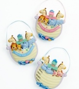 Cherish the memory of your baby's first Christmas with the Noah's Ark ornament, featuring giraffes, elephants and more adorable duos in sweet pastel colors. Personalize it with his or her name, date, weight and time of birth. Shown front and back.