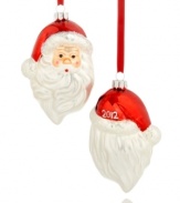 Santa's got his head in the game, wearing a brand new hat for the 2012 holiday season in this festive glass ornament. Shown front and back.