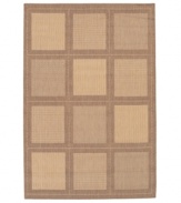 Like a patchwork quilt, 12 squares sit on the surface of this beautiful all-weather rug, each containing one of three distinctive textures. Suitable for use both indoors and out, this piece brings a touch of warmth to stone entryways, patio decks and all other outdoor gathering areas. Perfectly complimenting its surroundings, this rug is textured and gently colored with natural earth tones and shades of cocoa. Pet friendly and resistant to all mold and mildew. One-year limited warranty.