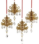 Gold glitter creates a luminous look upon your tree in these chandelier Christmas tree ornaments, embellished with acrylic jewel drops.