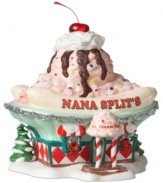 With a cherry on top. Nana Split's Ice Cream Parlor is home to a sundae that Santa holder dearer than even milk and cookies. Peppermint columns raise a roof of decadent sweets, all in colorful glazed porcelain from Department 56.