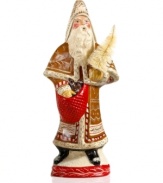 A figurine to be treasured, Gingerbread Father Christmas is first shaped in an antique chocolate mold and then hand-painted for one-of-a-kind styling. With rosy cheeks, full white beard and the folk-art charm of Vaillancourt.