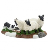 A trusty Border Collie rounds up the sheep; a perfect figurine to coordinate with any country building from the Dickens' Village from Department 56. Crafted of hand-painted porcelain.