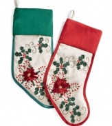 Red sequins and a ribbon floral motif stitched in Jabara's silky Christmas stocking set the scene with crafted elegance.