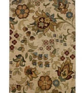 A field of fanciful florals is presented with bold lines and earthy autumn hues on this striking Sphinx area rug. Pairing a hard-twist nylon construction with a special dyeing technique, this transitional piece is designed to recreate the look and feel of the finest antique rugs.