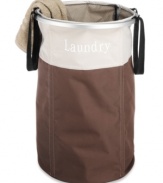 Whether traveling to the washing machine or just across the room, this portable hamper makes laundry time easy with generous handles and a soft, versatile shape. Features the word Laundry on the front.