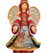 A spiritual nativity scene is hand painted upon the robe of this ornately crafted angel ornament from DeBrekht for a lovely reminder of the true miracle of Christmas.