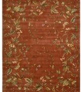 Exquisitely chic with an alluring vine and leaf motif, this area rug is hand tufted and hand carved from only the finest premium wool. Set against a persimmon-hued ground, it's expertly washed to lend the surface a handsome luster, texture and sheen.