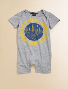 This fun design features a critter playing in the city on the front of a cozy cotton romper. Ribbed neckline with envelope shouldersShort sleevesFront screened designSnap legsCottonMachine washImported This fun design features a critter playing in the city on the front of a cozy cotton romper. Ribbed neckline with envelope shouldersShort sleevesFront screened designSnap legsCottonMachine washImported