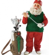 Santa is a great sport! Ready to hit the green with his golf caddy, this Santa figurine adds a playful element to your Christmas decorations.