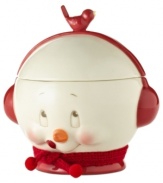 Too sweet, this irresistible snowman candy dish has chocolate and peppermints on the brain. With a cardinal-red handle and knit scarf, from Department 56.