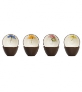 Punctuate the ultra-sleek Colorwave Chocolate dinnerware collection with mini floral bowls for a touch of garden cheer. From Noritake.