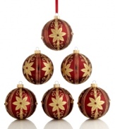 Make your tree extra-festive this season with these beautiful holiday ornaments, featuring a burgundy matte finish with a gold sparkle floral design.