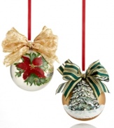 Make your tree one of a kind. Extravagantly hand painted and tied with glittering bows, Kurt Adler's Sarabella ball ornaments accent your home with traditional holiday splendor. Poinsettia ornament adorned with, Our First Christmas Together.