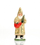 Truly one of a kind, this alluring Santa figurine is cast in an antique chocolate mold, then painted entirely by hand. A distinct gold coat and other fine detail make him a special addition to your Vaillancourt collection.