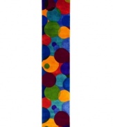 A long runner that is ideal for hallways and entryways. Abstract and absorbing, this rug features a multi-circle pattern in sage, yellow, several shades of blue and burgundy. Reminiscent of beautiful modern art paintings, it adds striking modernity and grace to your home.