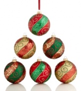 It's time to trim the tree with this set of 6 gorgeous Christmas ornaments, featuring traditional colors of the season with glitter details for extra shimmer and shine.