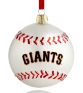 Hit a holiday home run with Kurt Adler's MLB baseball ornament for Giants fans. Red and white glass offers cheer that lasts well beyond the season.