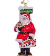 Full of merriment, Santa pulls up to Macy's Herald Square to check out all the holiday specials in this hand-painted ornament from Christopher Radko.