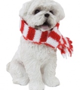 Bark up the right tree with a Christmas ornament for your dog – or a fellow animal lover! A snow-white Maltese is ready for a holiday feast, dressed in a candy-cane striped scarf. From Sandicast.