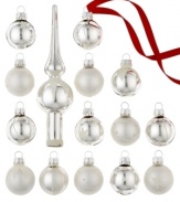 Find more than a few silver linings in Kurt Adler's mini Christmas ornaments. Glass with a matte or shiny finish is striped and spotted with metallic glitter, creating an altogether elegant tree.