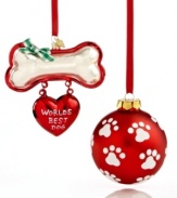 Make pets part of your holiday celebration with a World's Best Dog or paw print ball ornament from Kurt Adler. Red and white accents add a festive touch.