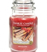 The gift that keeps on giving, this large Sparkling Cinnamon candle prolongs the season with a festive red hue and the smell of spicy cinnamon and cloves. A holiday classic from Yankee Candle.