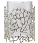 Natural wonder. Organically molded, cast and finished by hand, the Abstract Coral hurricane exemplifies Donna Karan's love of elemental textures. Nickel-plated brass echoes the intricate tendrils of undersea creatures in a vase that perfectly suits modern homes.