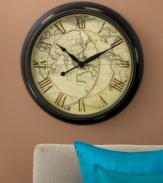 A face with distressed map detail gives this round clock a whimsical air. Richly framed in resin, with classic Roman numerals.