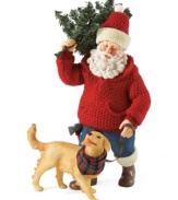 My buddy & me! Santa takes his best pal with him to search for the perfect Christmas tree. All dressed in a festive red sweater and matching hat, Santa looks cool and casual in denim jeans and brown boots.