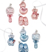 A thoughtful gift the whole family will cherish, baby's first Christmas ornament sets from Midwest feature an adorable duck, bear, rattle and booties in shiny pink or blue glass.