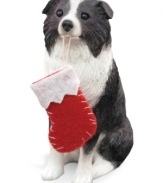Bark up the right tree with a Christmas ornament for your dog – or a fellow animal lover! A clever black-and-white border collie begs for a stocking full of bones. From Sandicast.